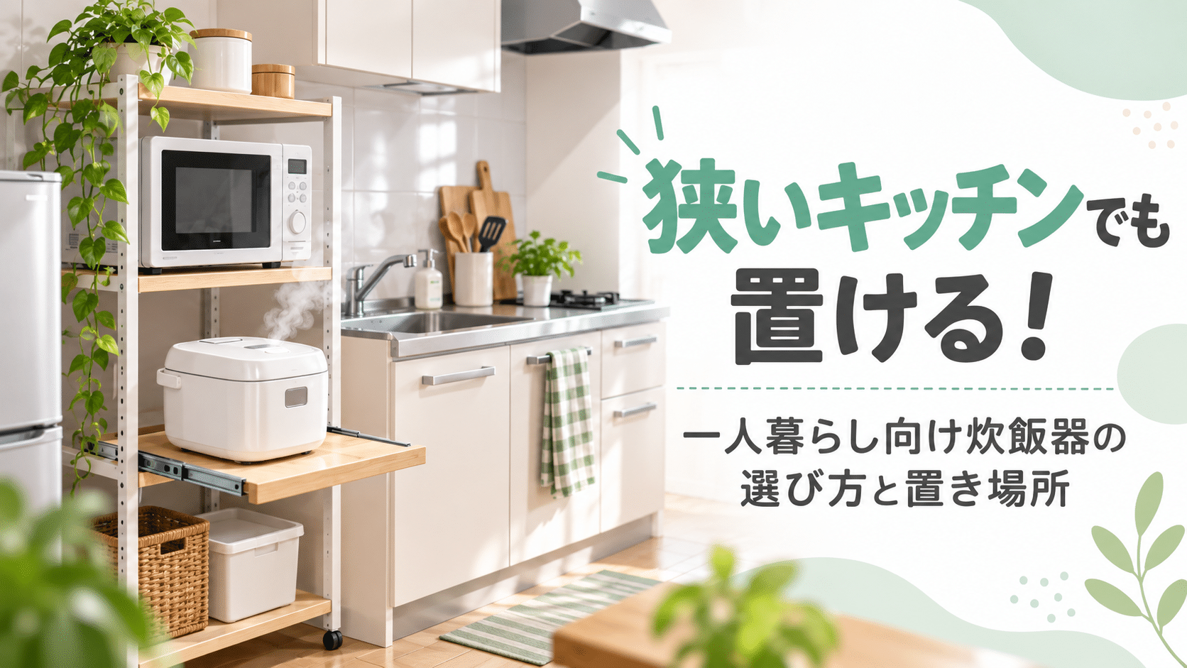 狭いキッチンのレンジラックのスライド棚に置かれた一人暮らし向けのコンパクトな炊飯器