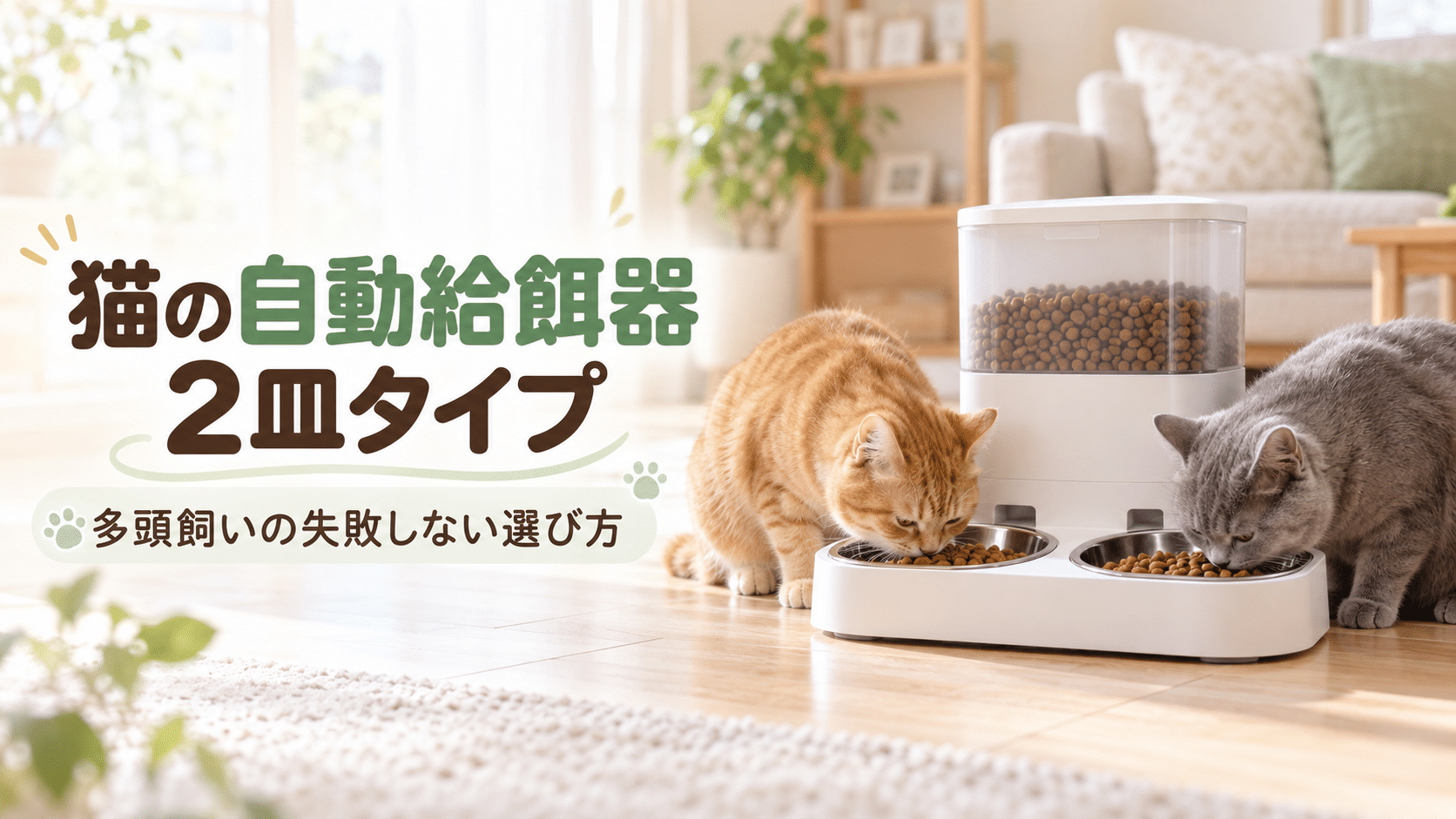2皿タイプの猫用自動給餌器で、多頭飼いの猫2匹が並んでごはんを食べている様子