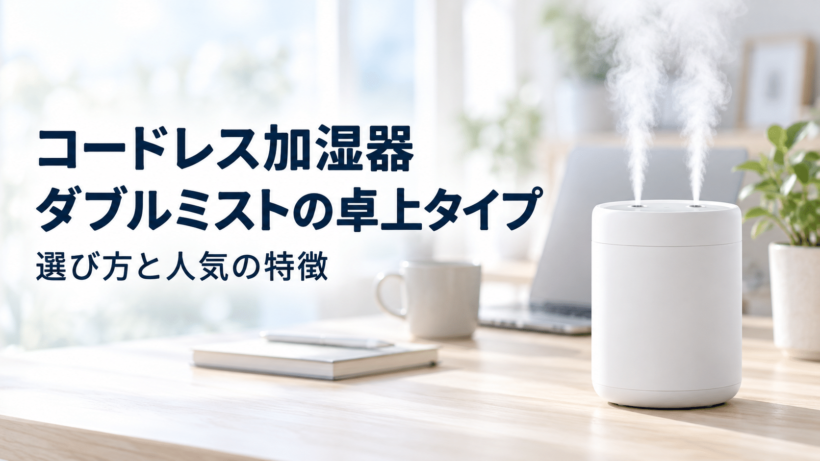 デスクの上で2つの吹き出し口からミストを出すコードレス加湿器（ダブルミストの卓上タイプ）